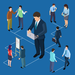Fototapeta na wymiar Remote management of business and people isometric vector concept. Illustration of remote management business female and male