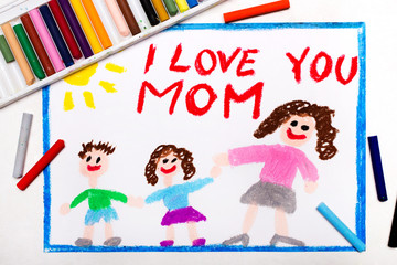 Colorful drawing: Happy Mother's Day card with word I LOVE YOU MOM