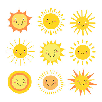 Sun emoji. Funny summer sunshine, sun baby happy morning emoticons. Cartoon  sunny smiling faces vector icons. Illustration of sun heat, emoji and  emotion mascot Stock Vector | Adobe Stock