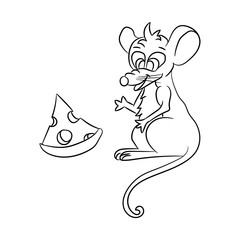 Funny  contour cartoon hand-drawn character mouse with a piece of cheese isolated on white background. cartoon mice and cheese. Black circuit mouse beautiful vector illustration.