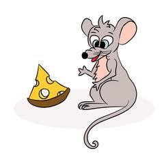 Funny  gray with pink ears cartoon hand-drawn character mouse with a piece of cheese isolated on white background. cartoon mice and cheese. Color beautiful vector illustration.
