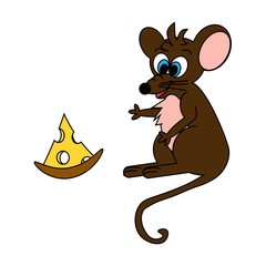 Funny brown with pink ears cartoon mouse with a piece of cheese isolated on white background Flet style painted. Cartoon mice and cheese. Color beautiful vector illustration. © Юлия Рубаха