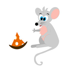 Funny  gray with pink ears cartoon mouse with a piece of cheese isolated on white background Flet style painted. Cartoon mice and cheese. Color beautiful vector illustration. © Юлия Рубаха