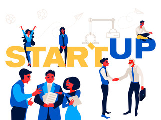 Startup - flat design style colorful illustration on white background. Working together in a team.