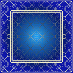 Background, Geometric Pattern With Ornate Lace Frame. Illustration. For Scarf Print, Fabric, Covers, Scrapbooking, Bandana, Pareo, Shawl. Blue silver color