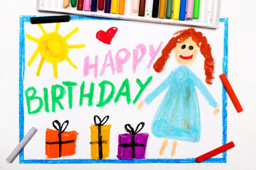 Obraz na płótnie Canvas Colorful drawing: Happy Birthday Card with smiling girl