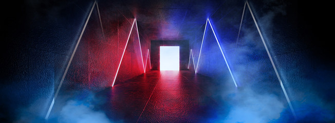 Dark room, corridor, tunnel with illumination on an empty concrete wall, neon light, rays, laser, open door, reflection of neon on a wet floor, night city, night view. 3D rendering.