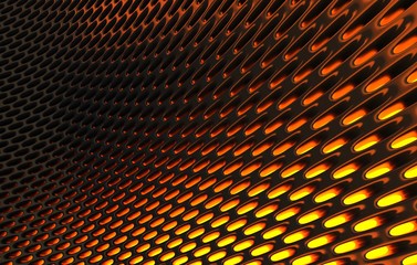 Metal mesh grild. Abstract 3d rendering background in high resolution. 3d render of  black carbon grid with orange light.