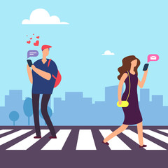 Cartoon man falls in love in woman on crosswalk vector illustration. Man and woman fall love, people romantic character