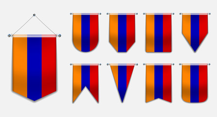 Set of hanging flags of the ARMENIA with textile texture. Diversity shapes of the national flag country. Vertical Template Pennant for background, banner, web site,award, achievement, festival.