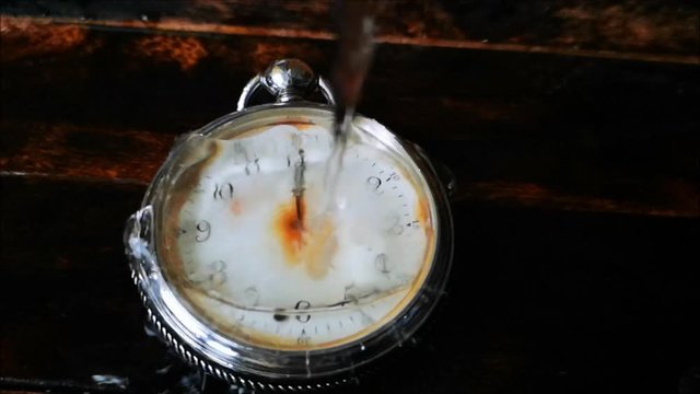 the water flows on the broken vintage pocket watches
