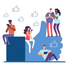Social network and international people, like it vector concept. Illustration of people like in social media, smartphone chatting