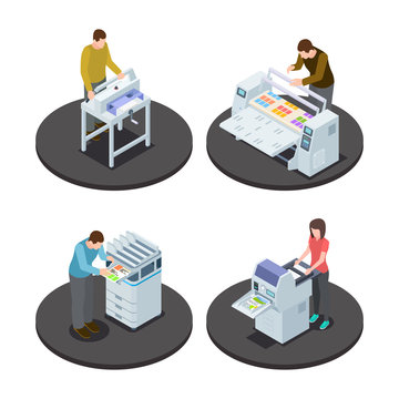 Isometric Printing House Icons Concept With Digital Rotary Large Format And Offset Production Types Vector Illustration. Isometric Equipment Print Industry