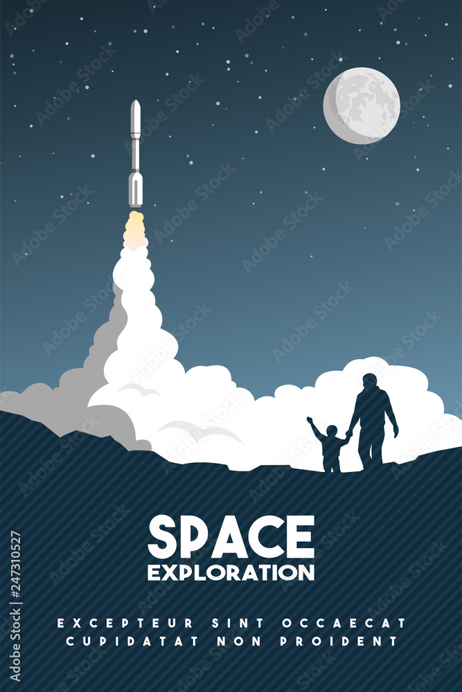 Wall mural rocket takes off in the starry sky. space research poster. vector illustration.