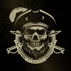 Pirate skull in vintage style. Skeleton head and crossed swords on a dark background.