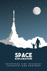 Rocket takes off in the starry sky. Space Research Poster. Vector illustration. © makstrv