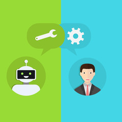 Chatbot concept. Man chatting with chat bot. Interaction with robot. Change settings with a bot. Communication with chat bot. Vector illustration