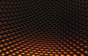 Metal mesh grild. Abstract 3d rendering background in high resolution. 3d render of  black carbon grid with orange light.