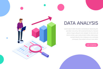 Data analysis concept with characters. Can use for web banner, infographics, hero images. Flat isometric vector illustration isolated on white background.
