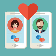 Male and female hands holding mobile phones with abstract dating app profile on display. Cool vector concept on online dating application, flat design