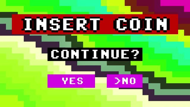 A kitsch recreation (of intentional poor taste) of a retro vintage Insert Coin arcade game screen, with a double selection (continue, yes or no). Rainbow hue color effect, oversaturation.
