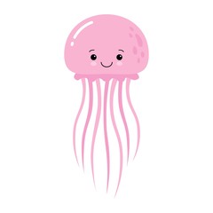 Vector illustration of cartoon funny pink jellyfish isolated on white background. Kawaii © YuliaR