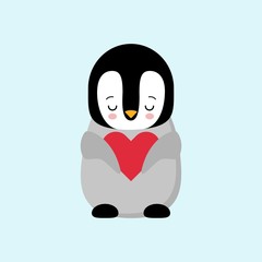 Happy Valentines day in love penguin. Penguin holding a heart. Plush toys penguin with heart. Gift. Kawaii.