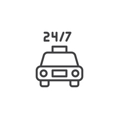 24 7 taxi service line icon. linear style sign for mobile concept and web design. 24 7 taxi car outline vector icon. Symbol, logo illustration. Pixel perfect vector graphics