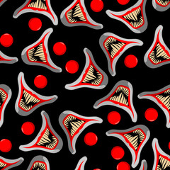 scary mouth and nose of a clown with large fangs pattern on a black background