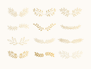 Summer golden flourish dividers for page decoration. Wedding invite laurels.