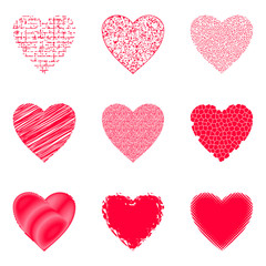 Set of Valentine Hearts with Abstract Texture Patterns, Holiday Symbols of Love, Design Elements. Vector