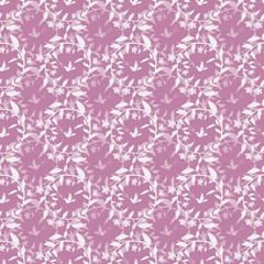 Seamless pink pattern with wreaths and birds.