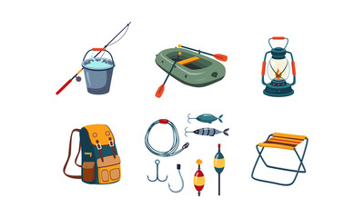 Fishing and camping icons set, bucket and fishing rod, rubber boat, kerosene lamp, backpack, hook, bobber, bait, folding chair vector Illustration © topvectors
