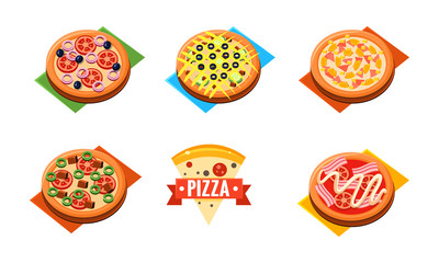 Collection of whole pizza with different ingredients, pizzeria, restaurant, bakery shop, cafe design template vector Illustration