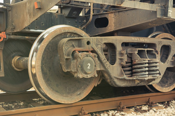 Fototapeta premium Railway wheels wagon .Freight cargo train detail.