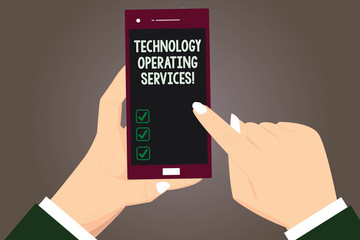 Word writing text Technology Operating Services. Business concept for Offer specialized technologyoriented results Hu analysis Hands Holding Pointing Touching Smartphone Blank Color Screen