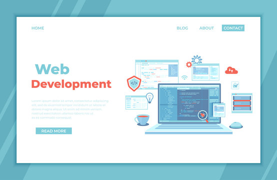Web Development Programming Coding. laptop with program code on the screen, virtual screens, infographic elements  icons. Bug fixing. landing page template or web banner.