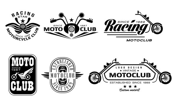 Vector set of vintage motorcycle club logos. Monochrome emblems with motorbikes, steering bars, helmets and text