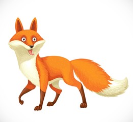 Cheerful wild cartoon orange fox going forward isolated on white background