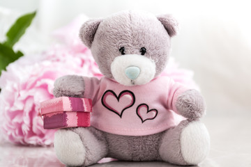 Cute teddy bear in a pink shirt with hearts holding a gift box with pink peonies in the background.
