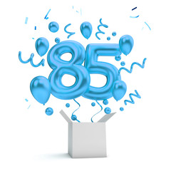 Happy 85th birthday blue surprise balloon and box. 3D Rendering