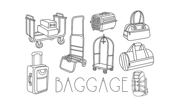 Vector set of hand drawn travel bags and trolleys for luggage. Suitcase, pet container, travel backpack, women handbag