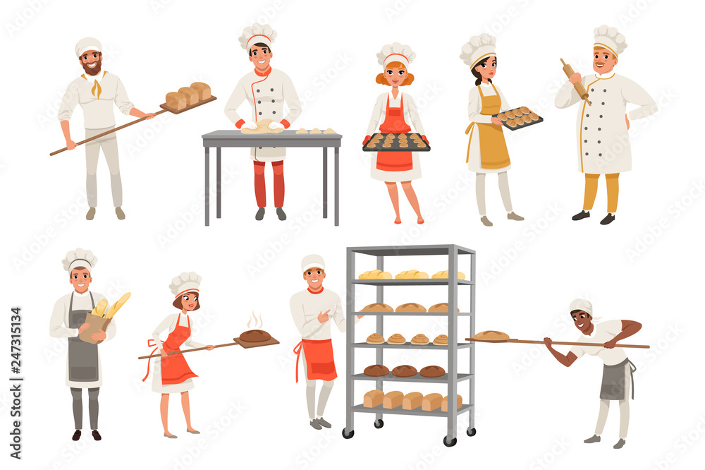 Sticker Bakers characters set with bread and cooking tools. Happy people in aprons and hats, young men and women in uniform working in bakery. Vector isolated on white.