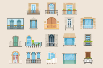 Set of colorful beautiful balconies. Vintage, modern and decorative forged balconies. Flat vector illustrations, architecture exterior building design element.