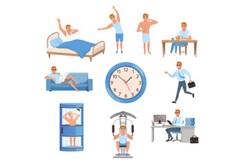 Man in different situations. Day time. Waking up, doing exercises, brushing teeth, eating, resting on sofa, running on work, taking shower, training at gym, working. Flat vector