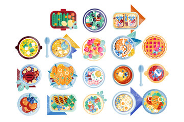 Food icon set. Plates with different dishes green salad, soup with boiled eggs, pancakes, sandwiches, fish with lemon, mashed potatoes with chicken, cranberry pie. Flat vector