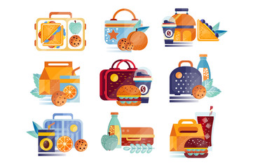 Vector set of icons with lunch boxes and bags with food and drinks. Hamburgers, sandwiches, cookies, juice, coffee, fruits. Lunchtime or breakfast concept. Flat design