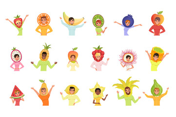 Set of men and women in different fruit hats. Strawberry, orange, banana, pitaya, pineapple, mango, watermelon, pear and lemon. Cartoon people. Flat vector design