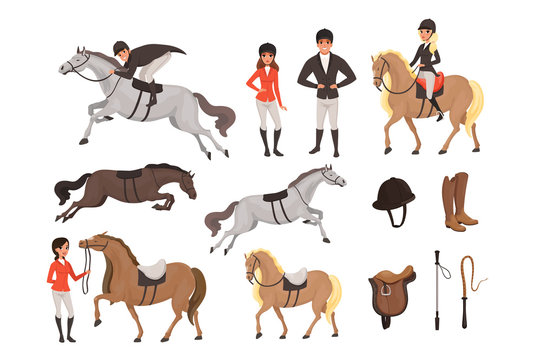 Cartoon jockey icons set with professional equipment for horse riding. Woman and man in special uniform with helmet. Equestrian sport concept. Flat vector design