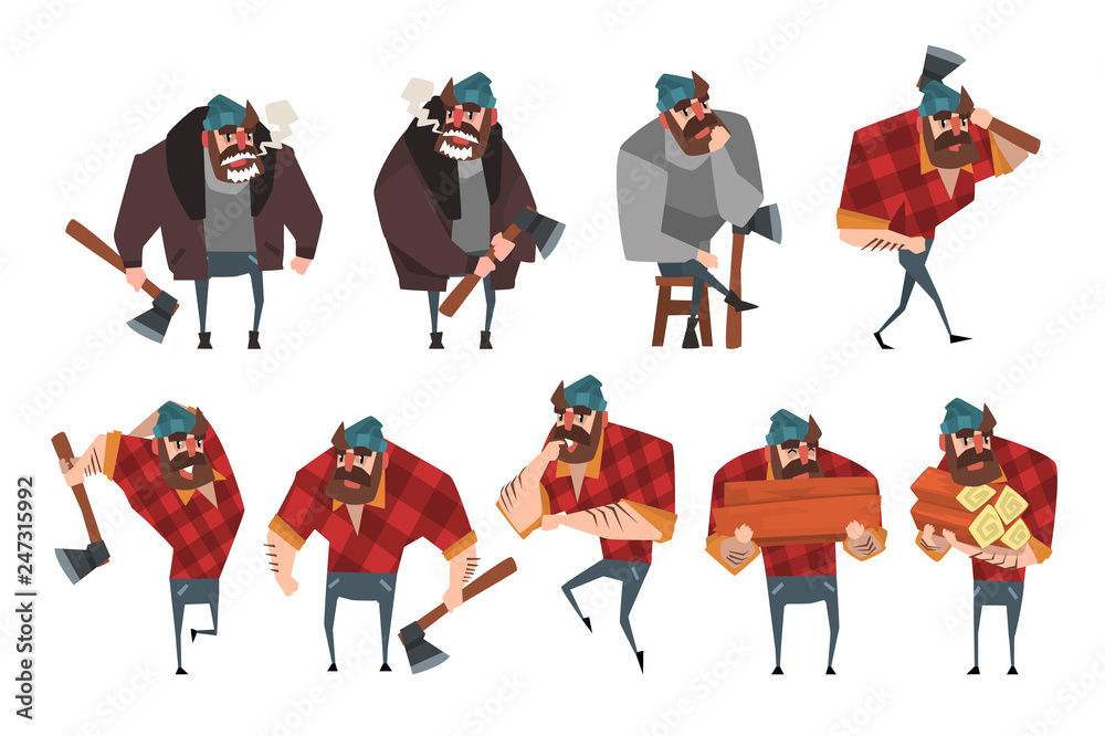 Canvas Prints cartoon set of lumberjack in different actions. woodcutter with axe. strong bearded man in hipster p